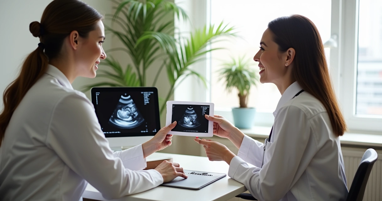 Mulher em consulta médica, médica mostrando ultrassom de bebê saudável. 