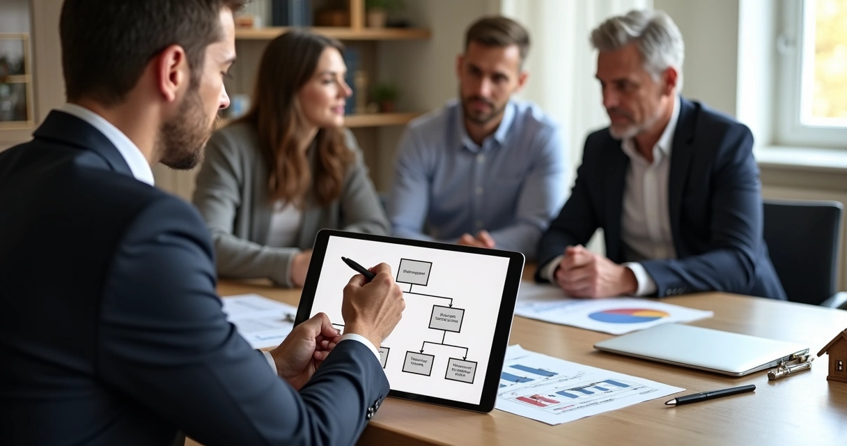 Família em reunião com advogado planejando proteção patrimonial e sucessão 