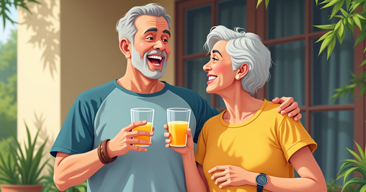 Homem de camiseta casual com pulseira e relógio ao lado dos avós em clima feliz