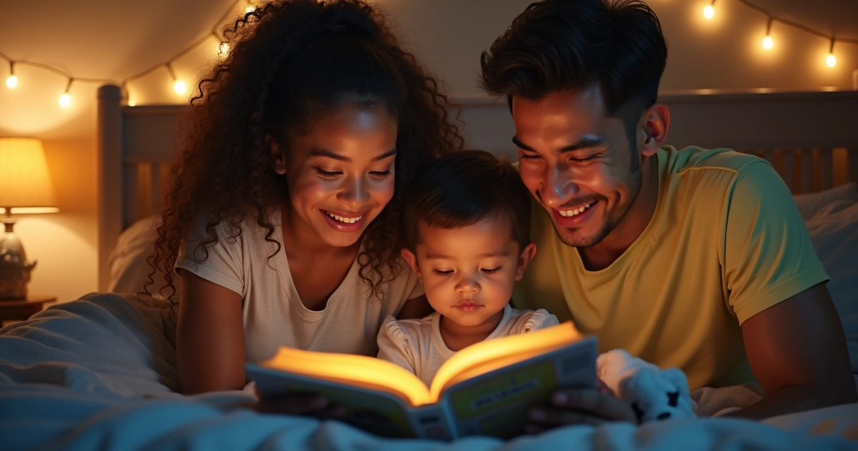 Família reunida lendo historinha antes de dormir 