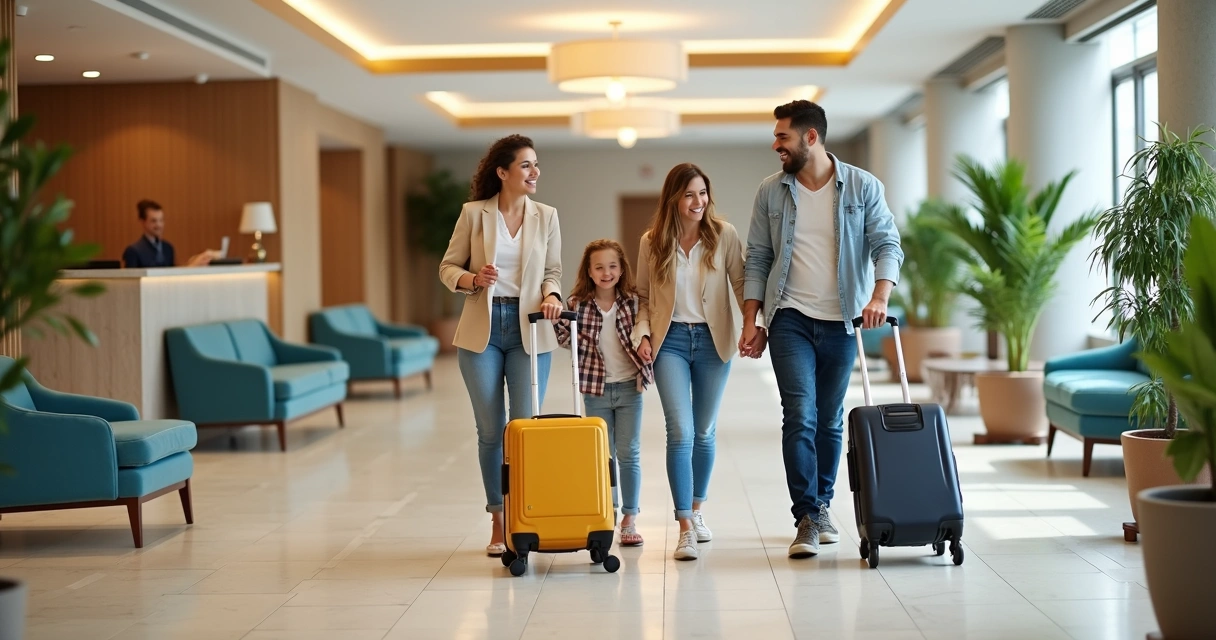 Família chegando ao lobby do hotel com malas 