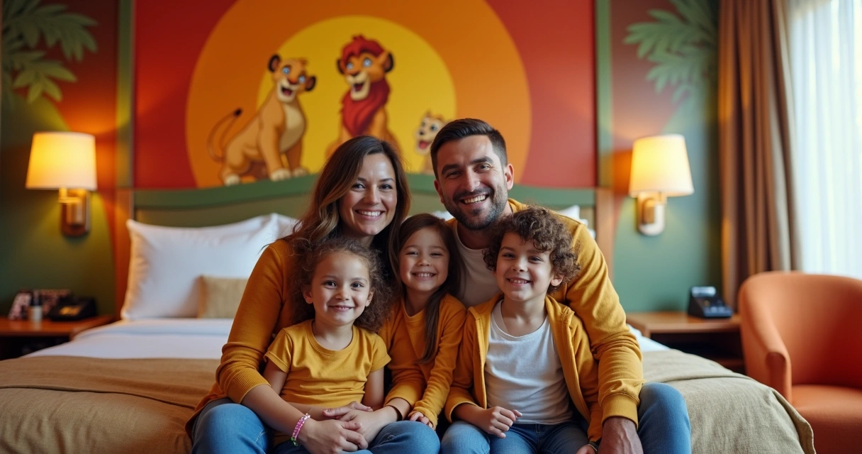 Família sorrindo no quarto temático de hotel decorado com personagens de animação