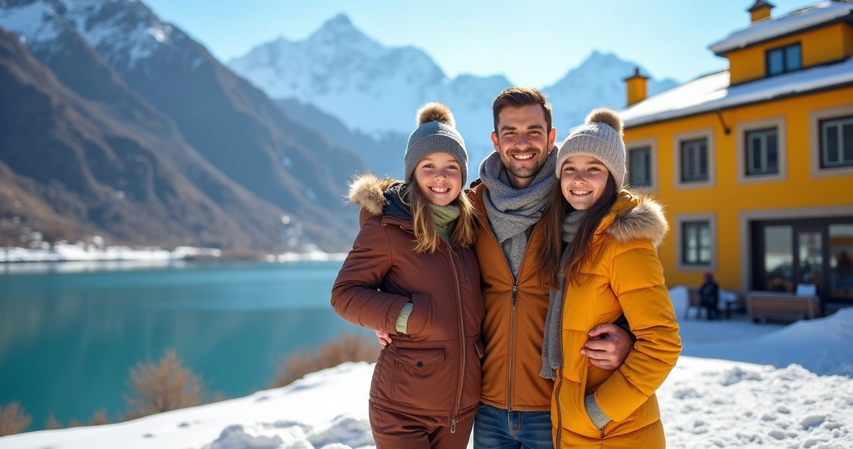 Família com crianças em frente ao Hotel Portillo com vista para montanhas nevadas