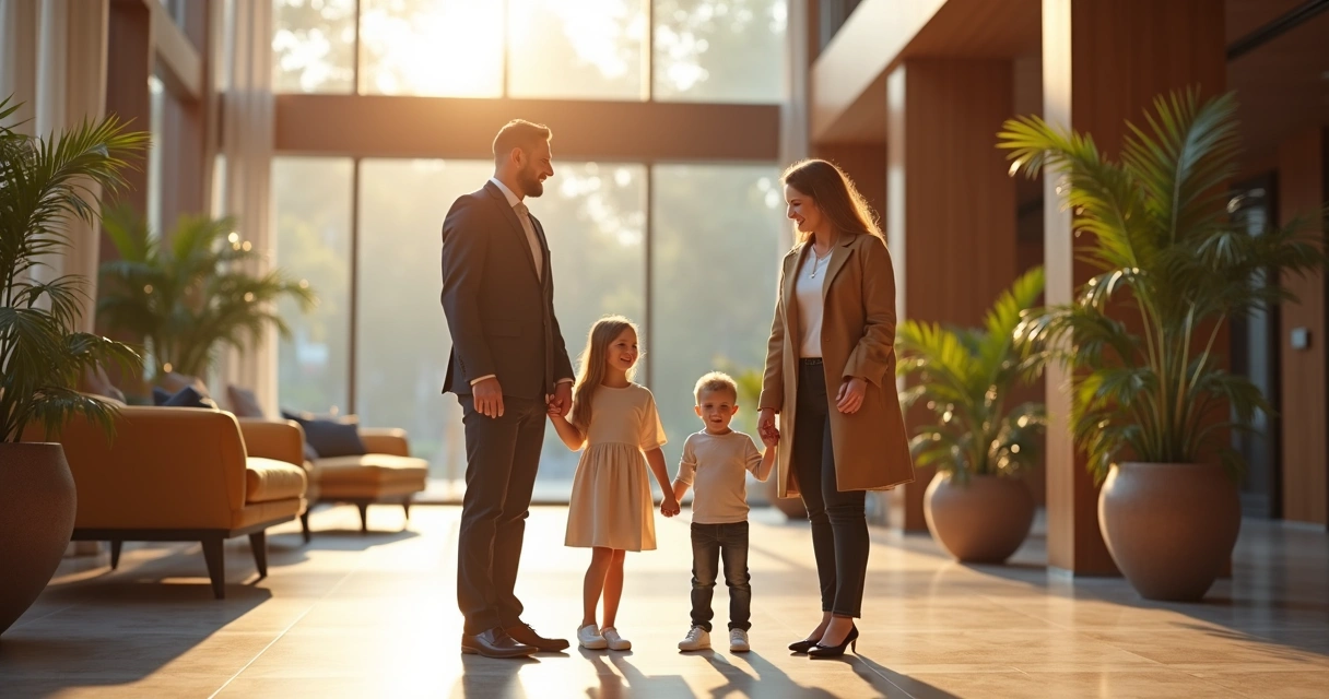 Família sendo recepcionada em hotel moderno com funcionários sorridentes 