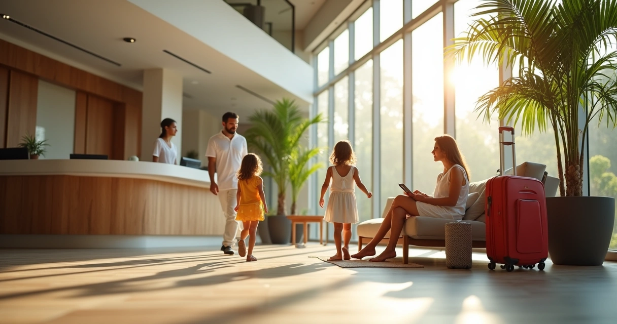 Família aproveitando o lobby de um hotel resort moderno 