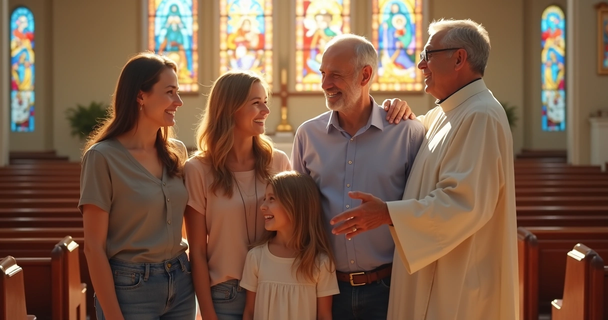Família reunida sorrindo dentro de igreja ao lado de um padre 