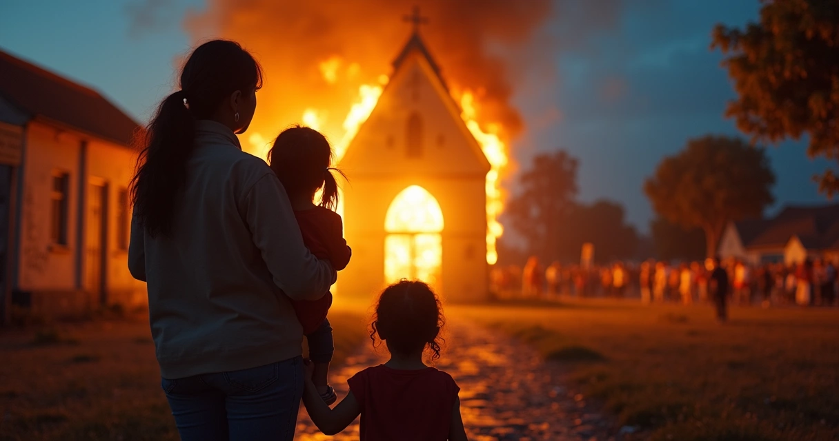 Igreja em chamas e família assustada ao fundo 