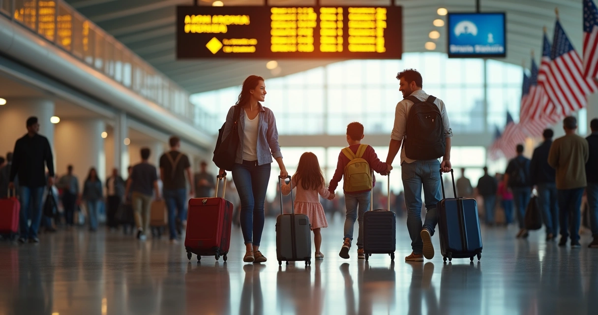 Família de brasileiros chegando em aeroporto dos Estados Unidos com malas