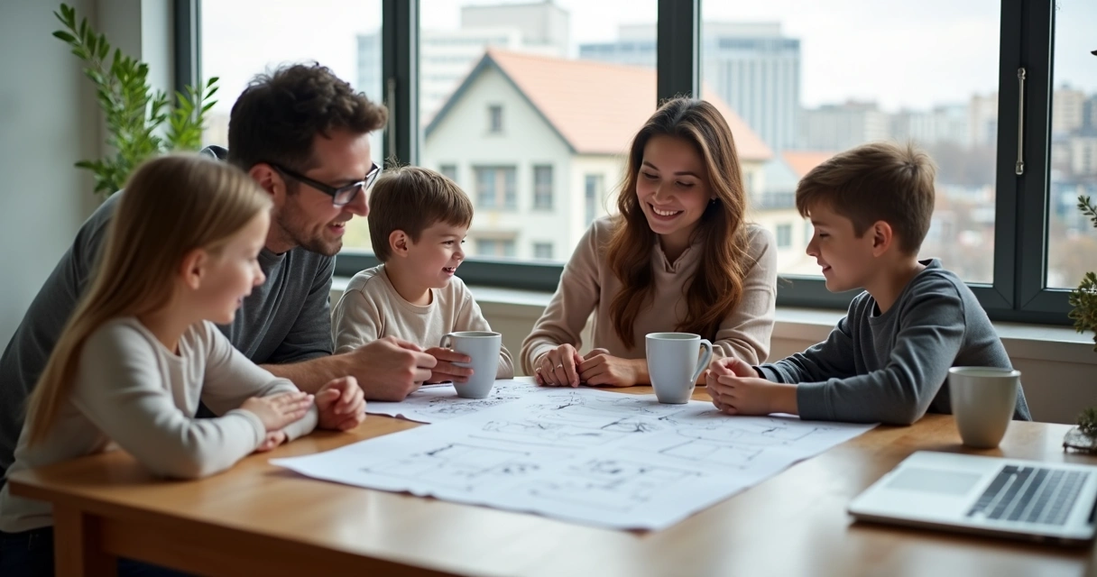 Família analisando planta de imóvel em sala moderna de Campinas 
