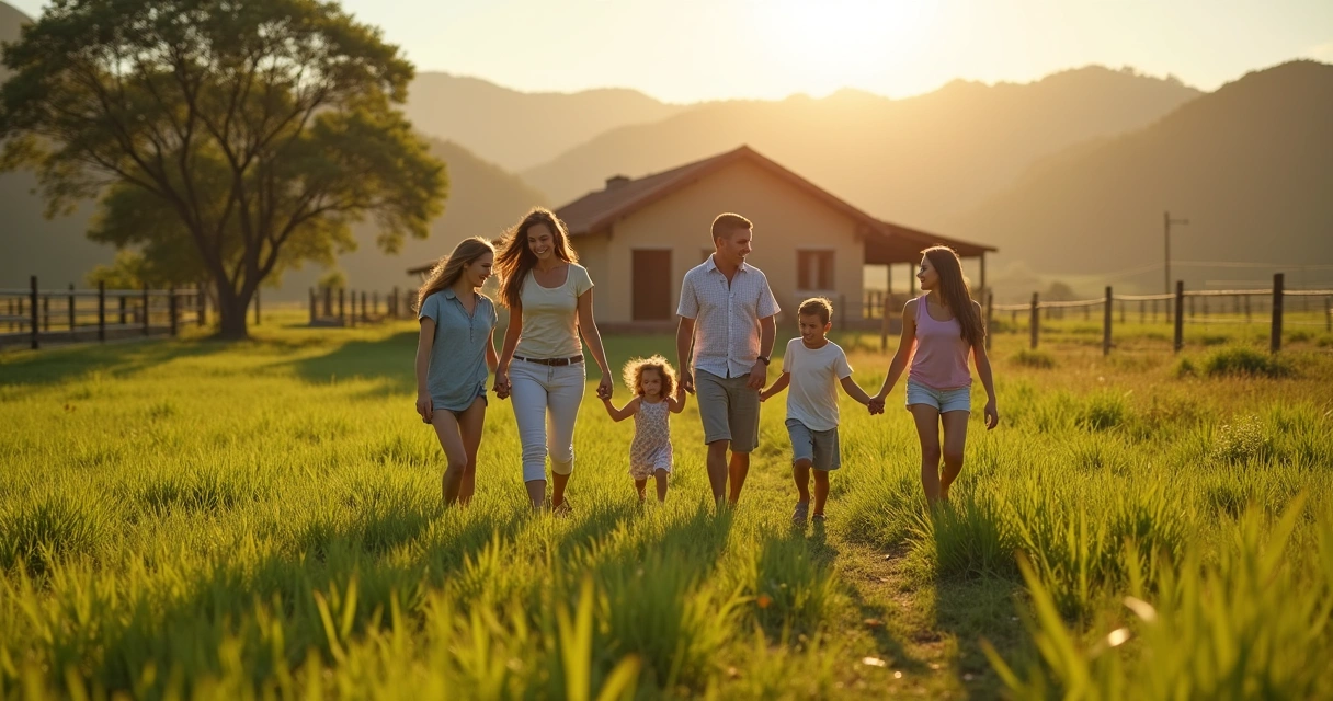 Família brasileira caminhando em terreno rural regularizado 