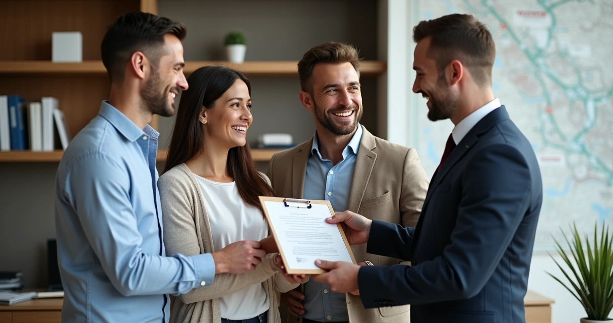 Família recebendo certificado de propriedade de imóvel com advogado 