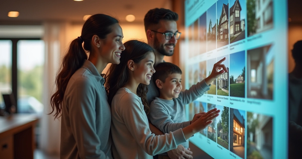 Família escolhendo imóvel com painel digital em imobiliária moderna