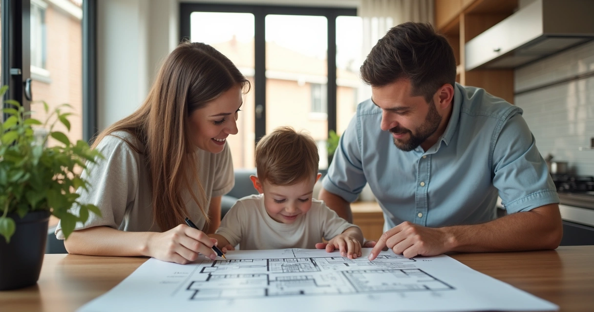 Família em pé analisando planta de apartamento detalhada em mesa moderna 