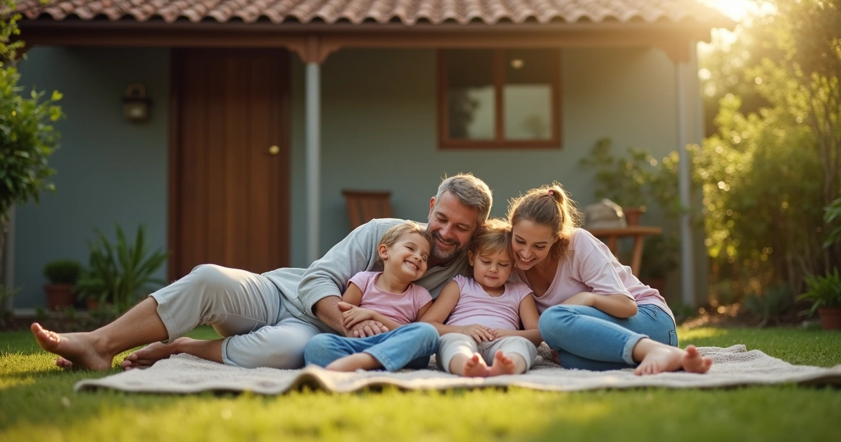 Família em frente a uma casa simples, felizes pela regularização do imóvel 
