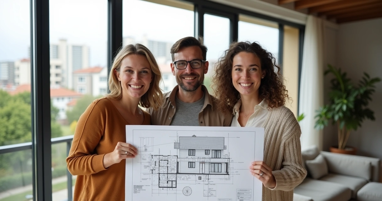 Família feliz segurando a planta de seu imóvel regularizado 
