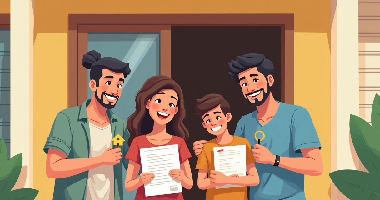 Família feliz segurando chaves e documentos do imóvel 