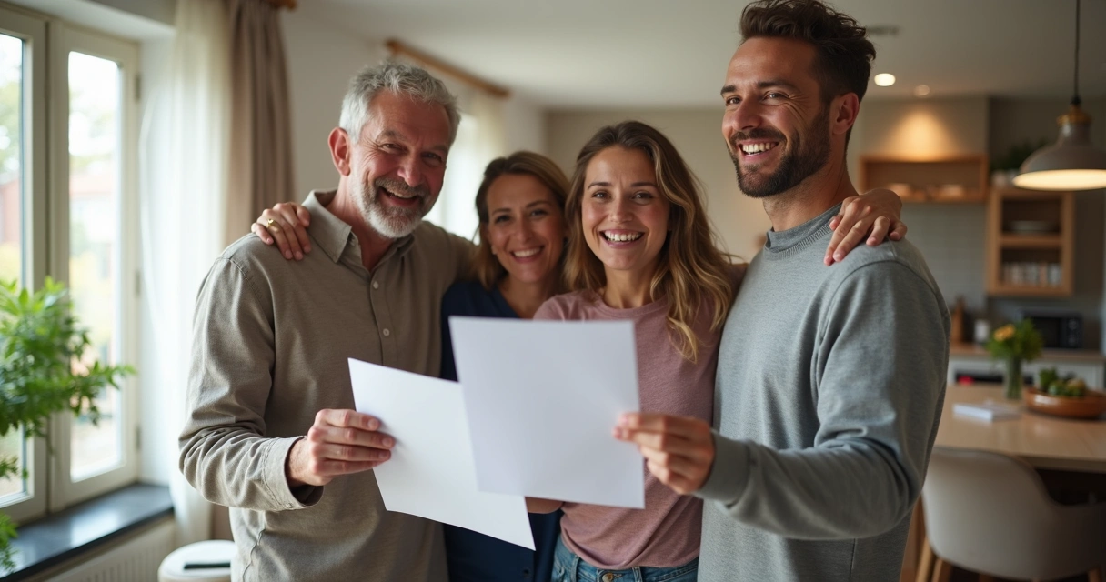 Família feliz ao receber documento de imóvel regularizado 