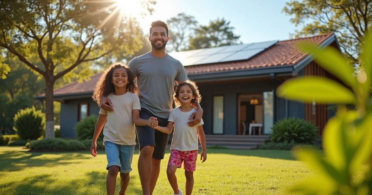 Família sorrindo em frente a casa sustentável rodeada por árvores e jardim 