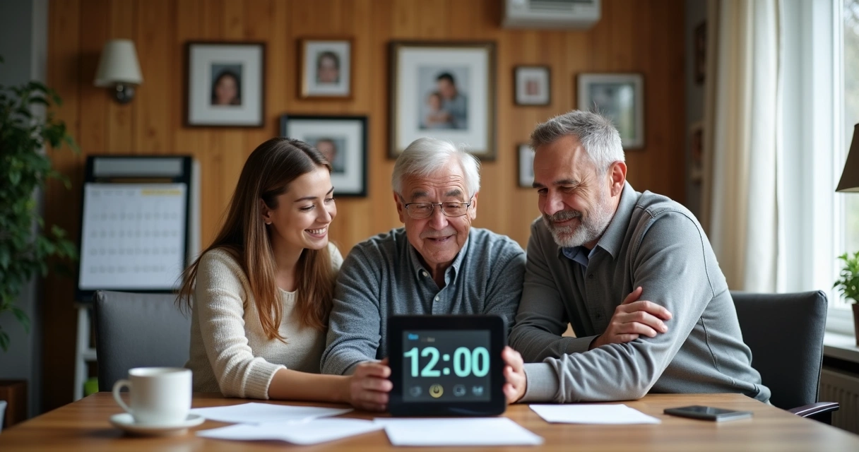 Equipe familiar reunida ao redor de um computador 