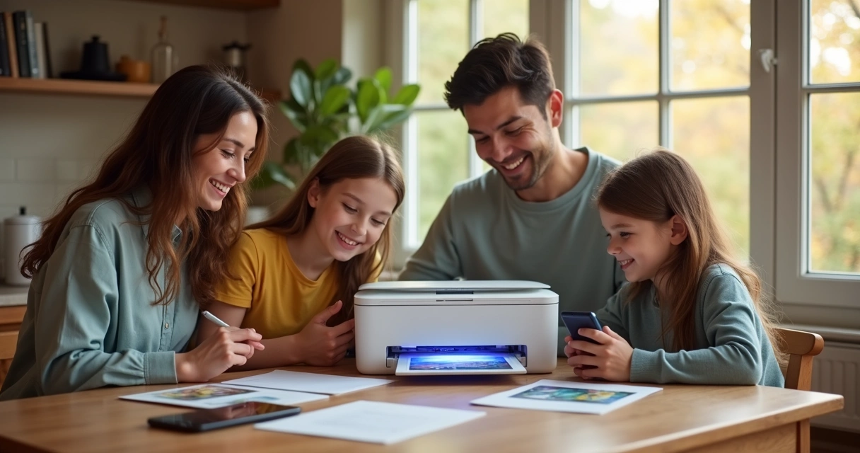 Família reunida em casa usando impressora Wi-Fi 