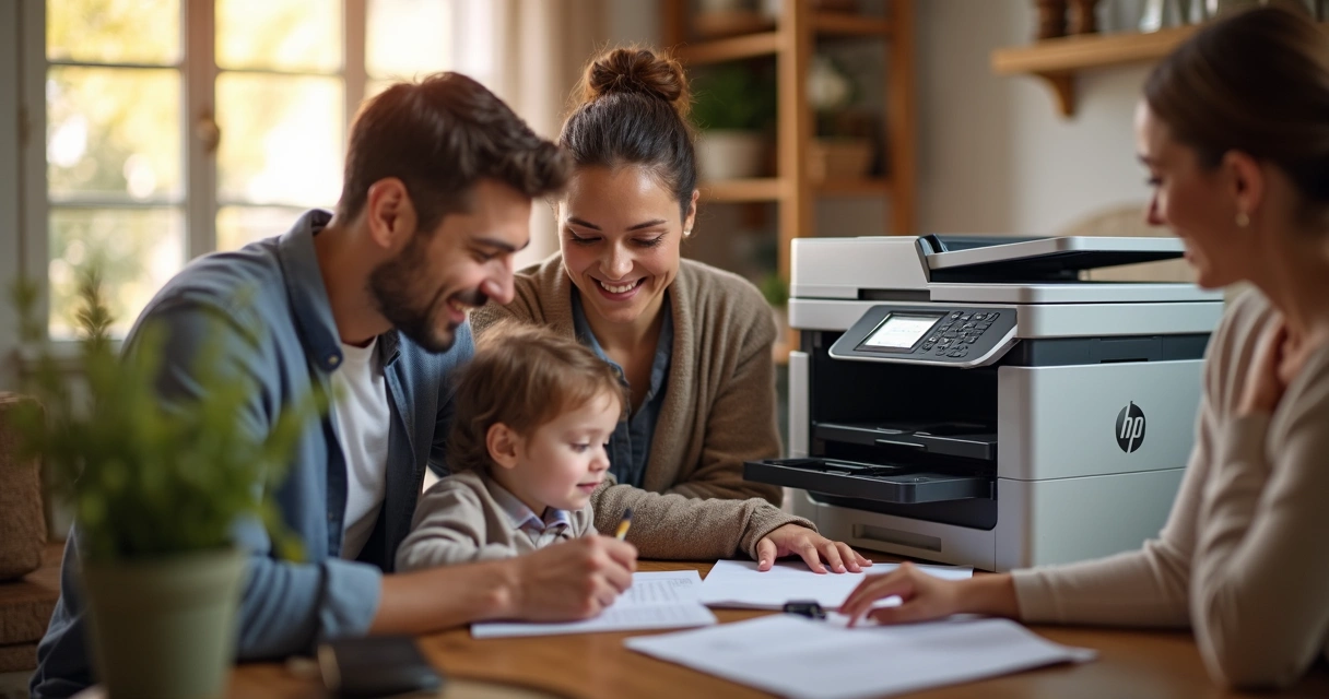 Família usando impressora multifuncional em sala bem iluminada 
