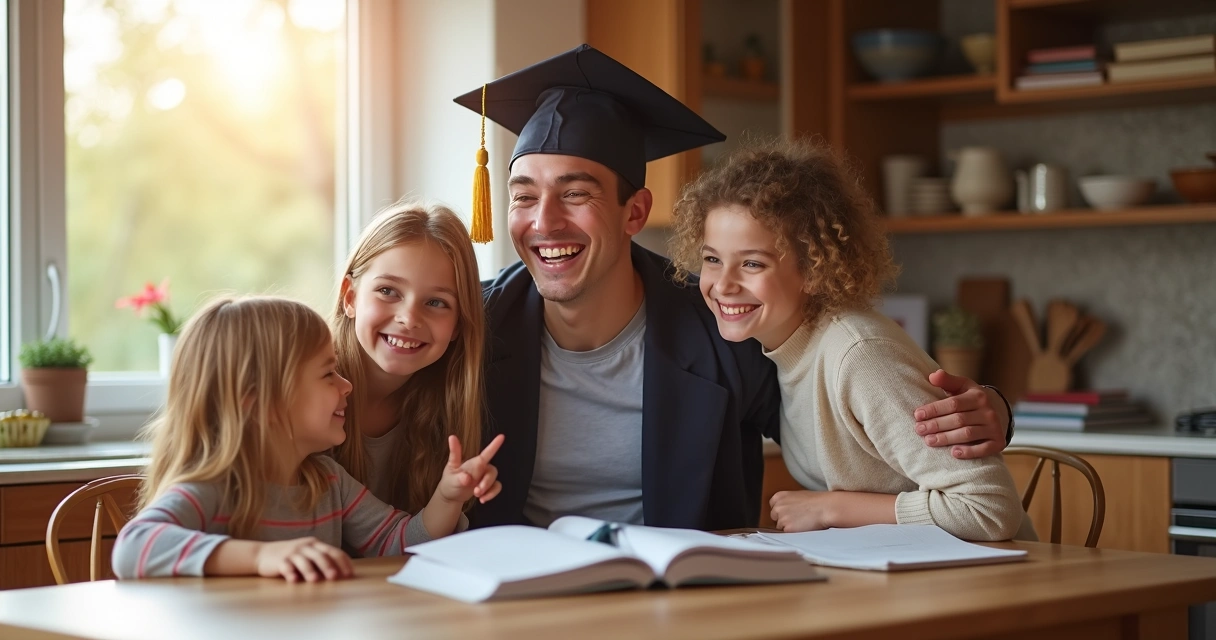Família reunida parabenizando adulto estudante em casa 