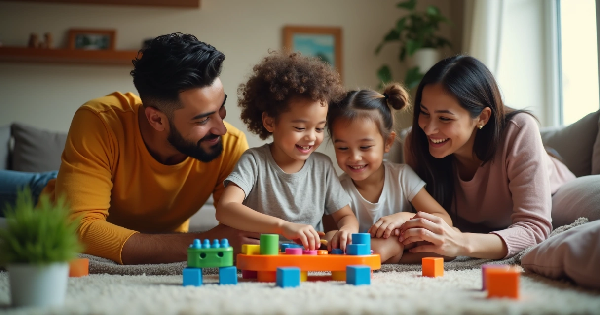Família acolhendo criança brincando com brinquedos coloridos em casa 