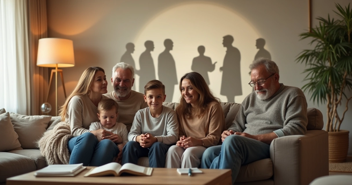 Família unida em sala de estar com silhuetas de ancestrais ao fundo 