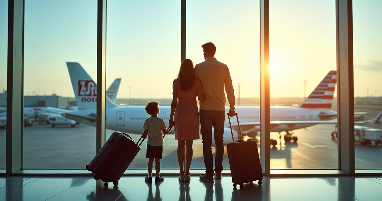 Família com malas no aeroporto, pronta para embarcar rumo aos Estados Unidos 