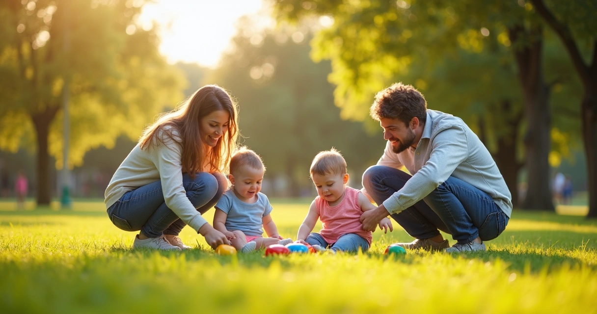 Família brincando com crianças pequenas em um parque ensolarado 