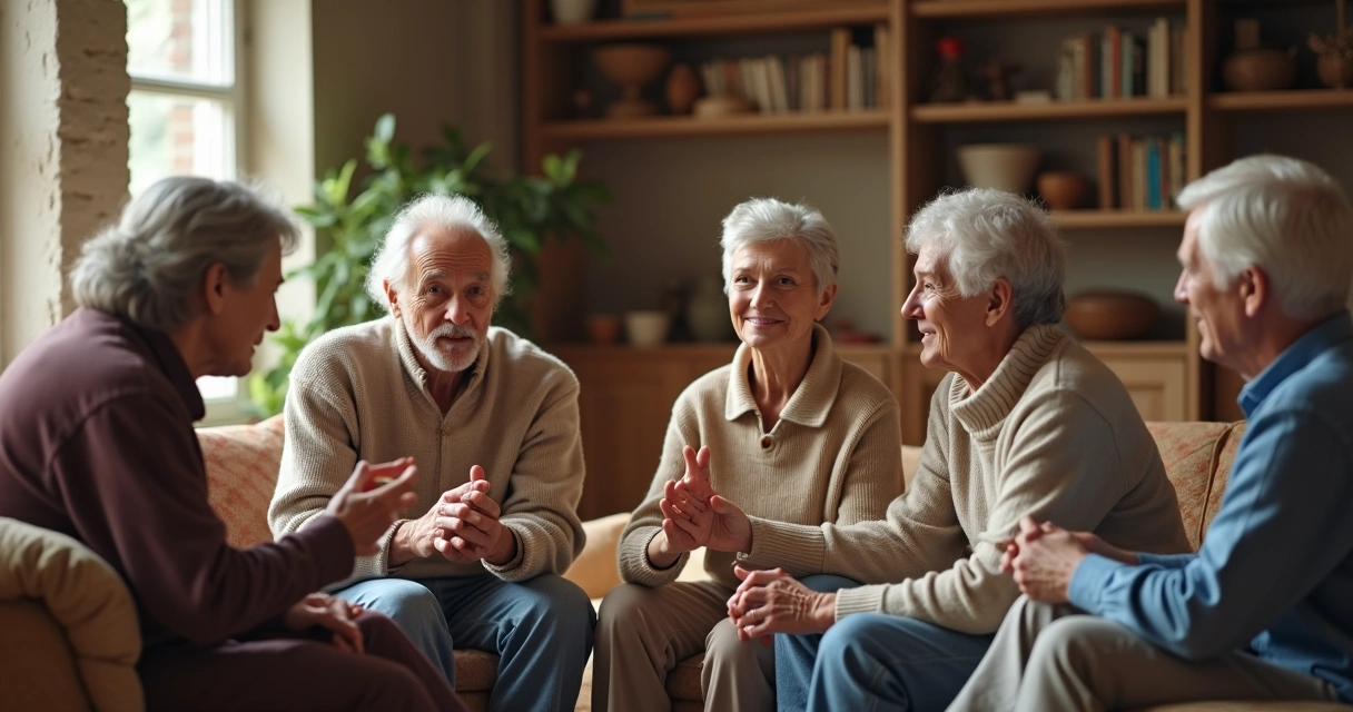 Grupo de pessoas de diferentes idades reunidas, conversando em círculo, com luz suave e expressão neutra 