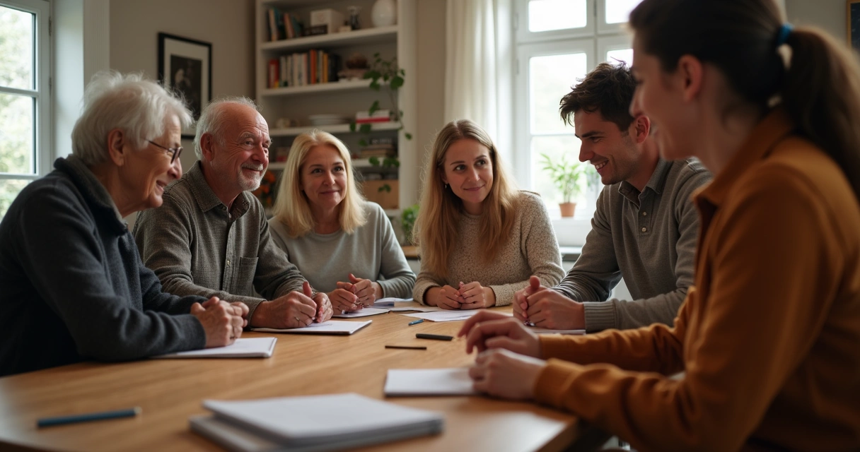 Grupo familiar reunido conversando à mesa 