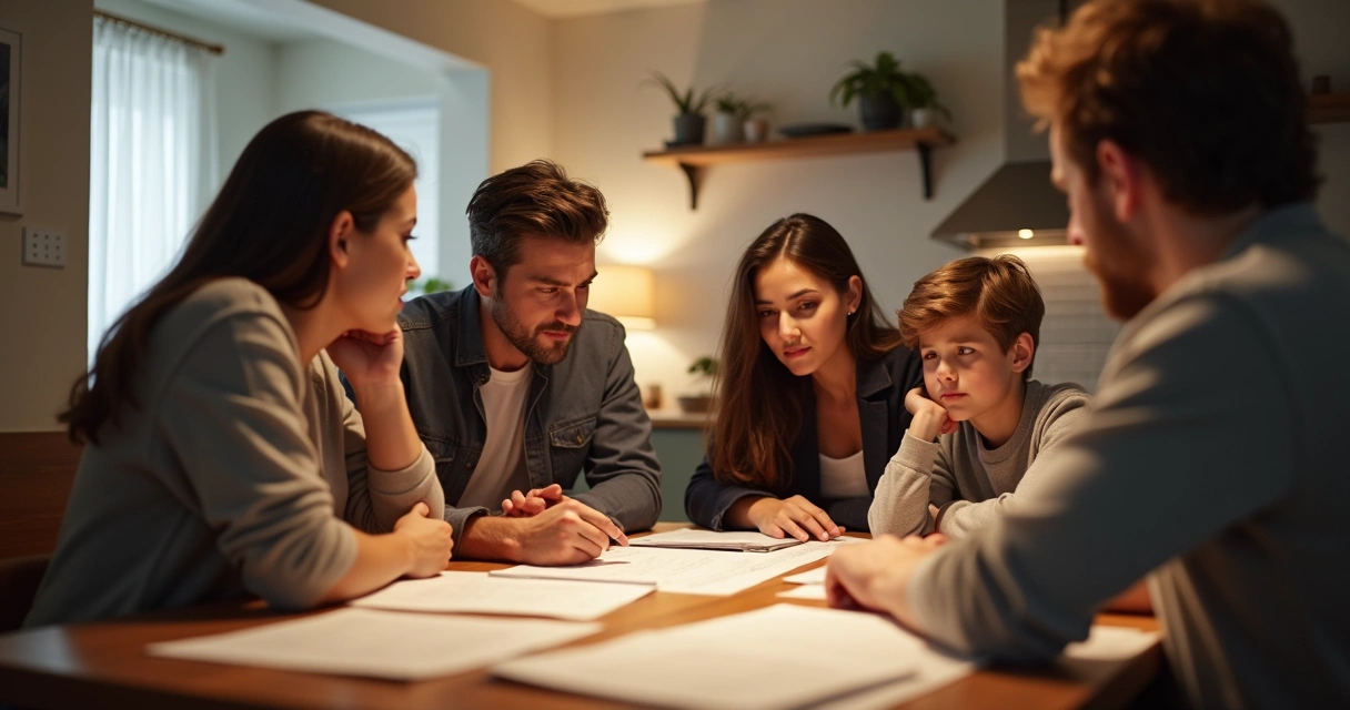 Família conversando sobre carreira ao redor de uma mesa