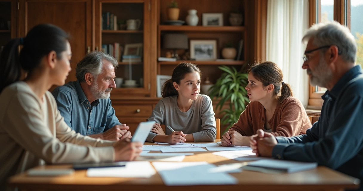 Família ao redor de uma mesa discutindo sobre trabalho 