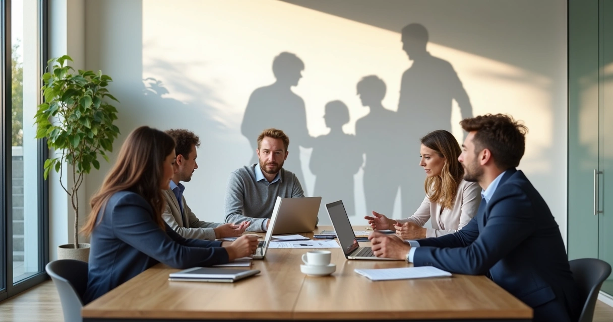 Reunião de equipe com sombras de uma família projetadas na parede 