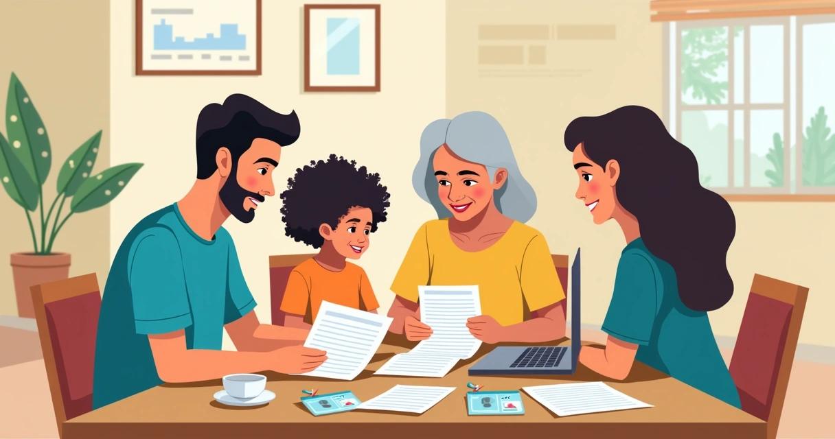 Família reunida analisando documentos para benefício do INSS