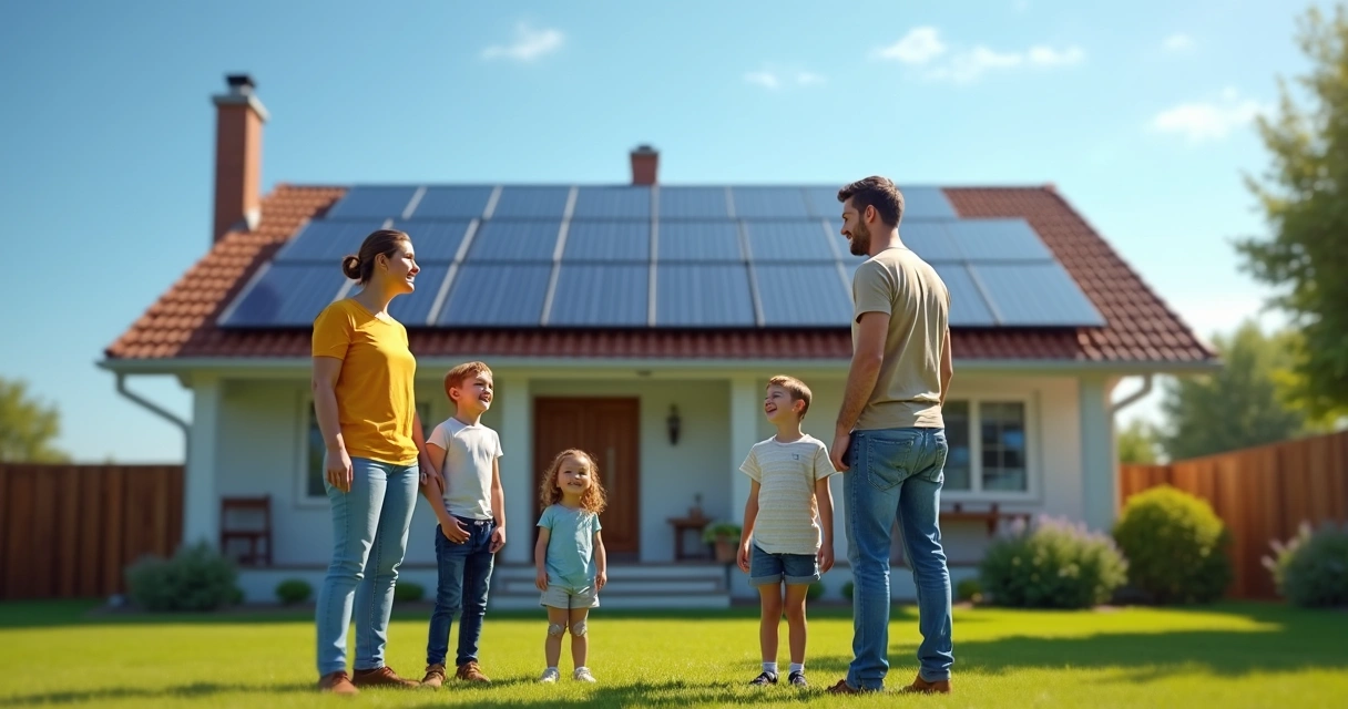 Família observando instalação de painéis solares no telhado