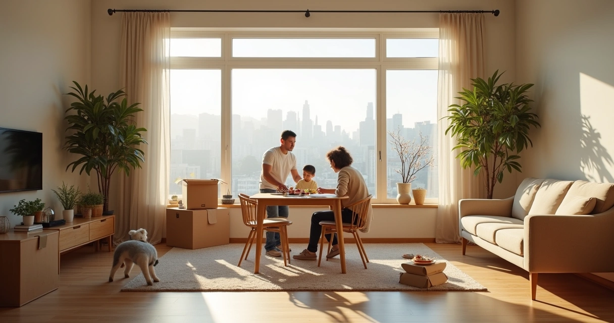 Família instalando móveis e caixas em nova casa, crianças brincando no fundo 