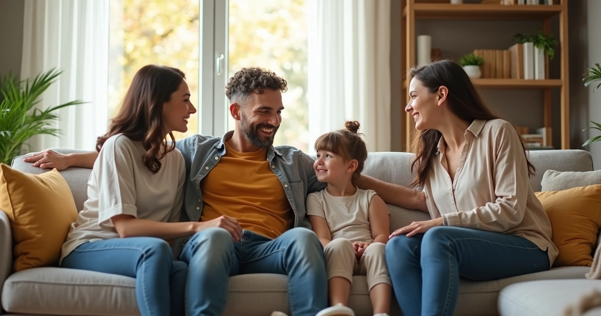 Família sentada no sofá em integração e conversa 