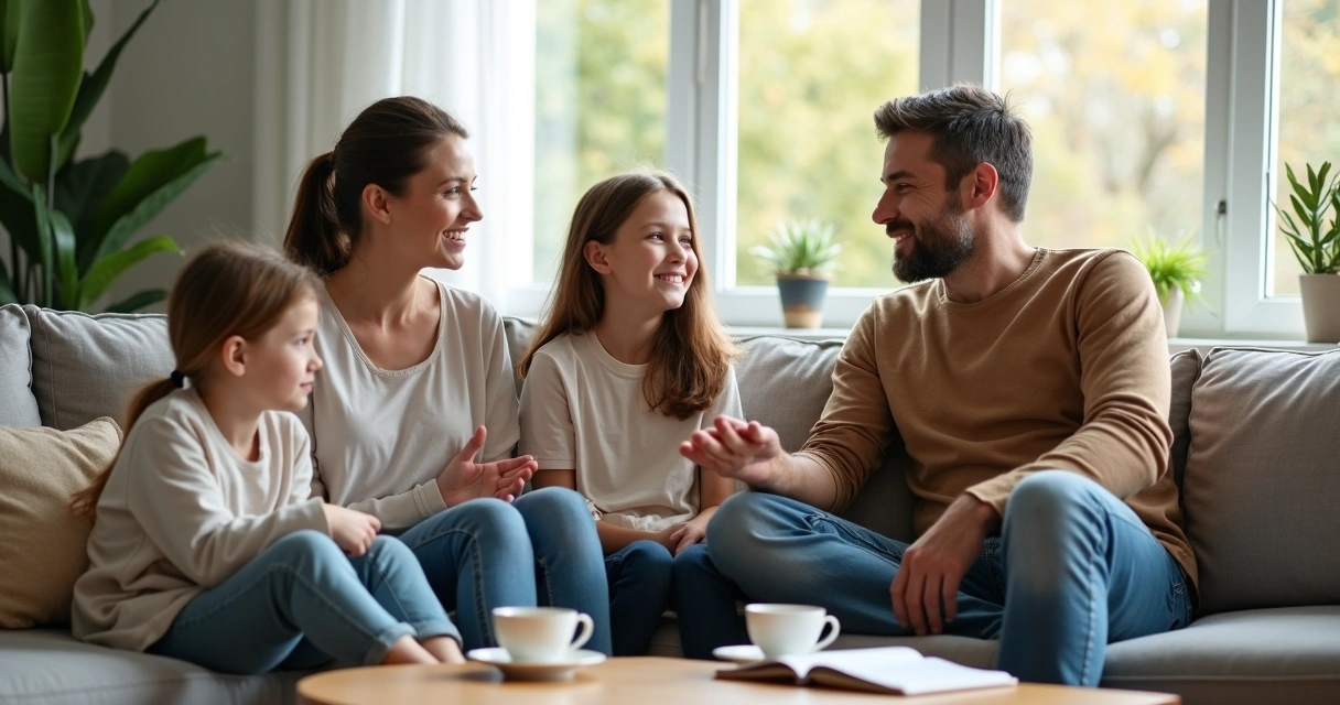 Família sentada no sofá conversando com calma durante um conflito 