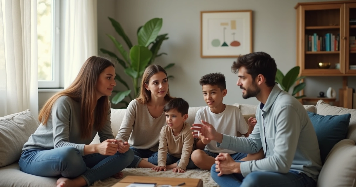 Família sentada na sala resolvendo conflitos com diálogo calmo 
