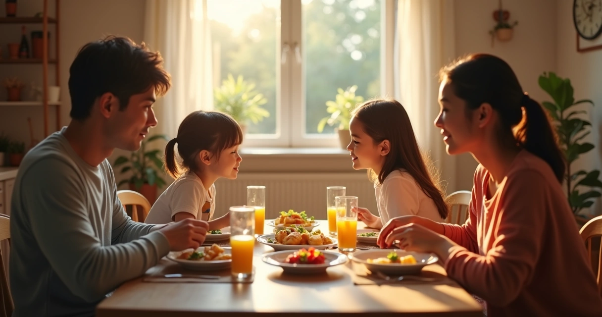 Família sentada à mesa de jantar conversando 