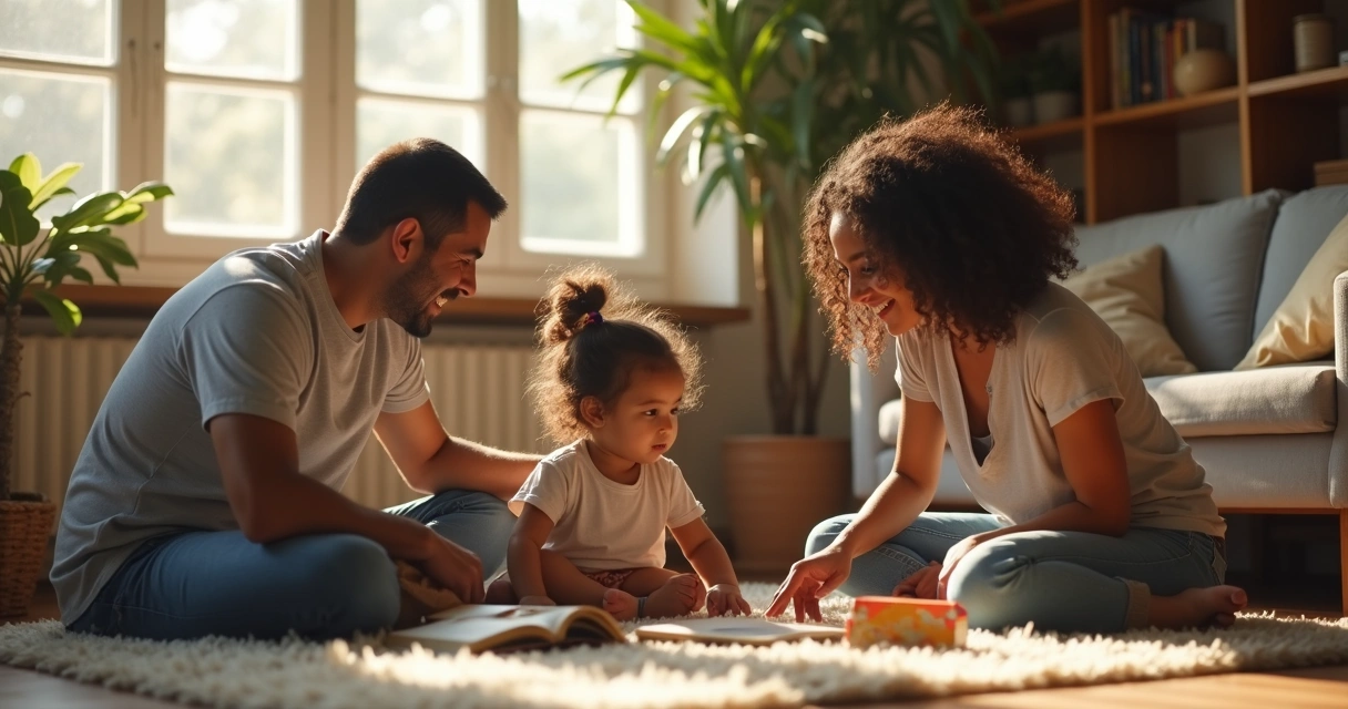 Família interagindo com criança na sala 