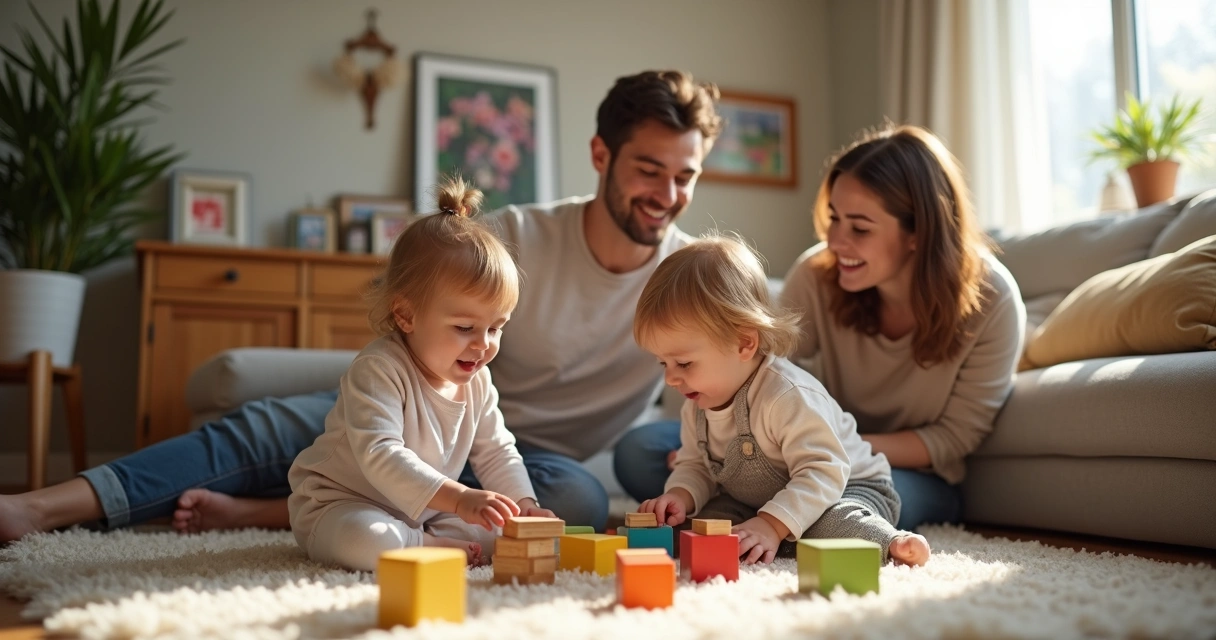 Família brincando com blocos coloridos com duas crianças pequenas no tapete 