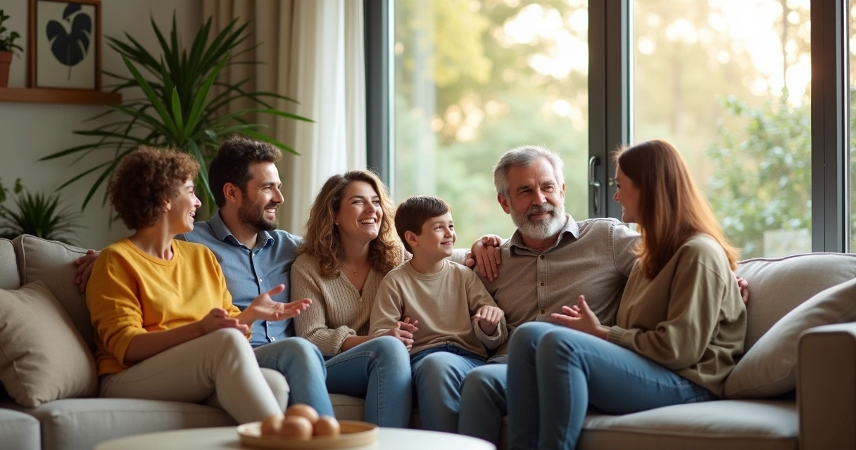 Família conversando juntos na sala de estar. 