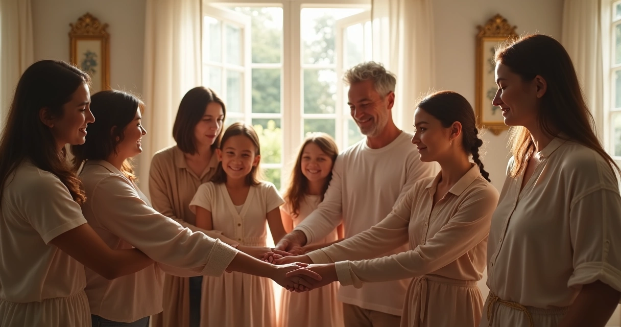 Família em círculo segurando as mãos em ambiente claro 