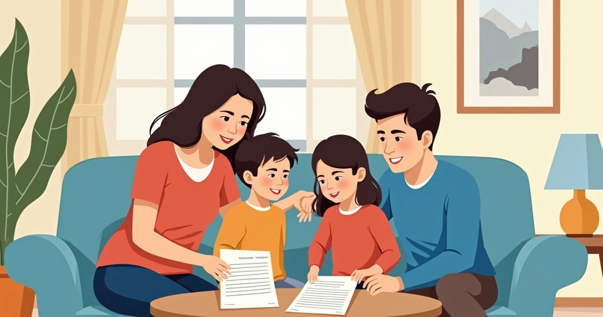 Família reunida na sala, consultando apólice de seguro de vida 