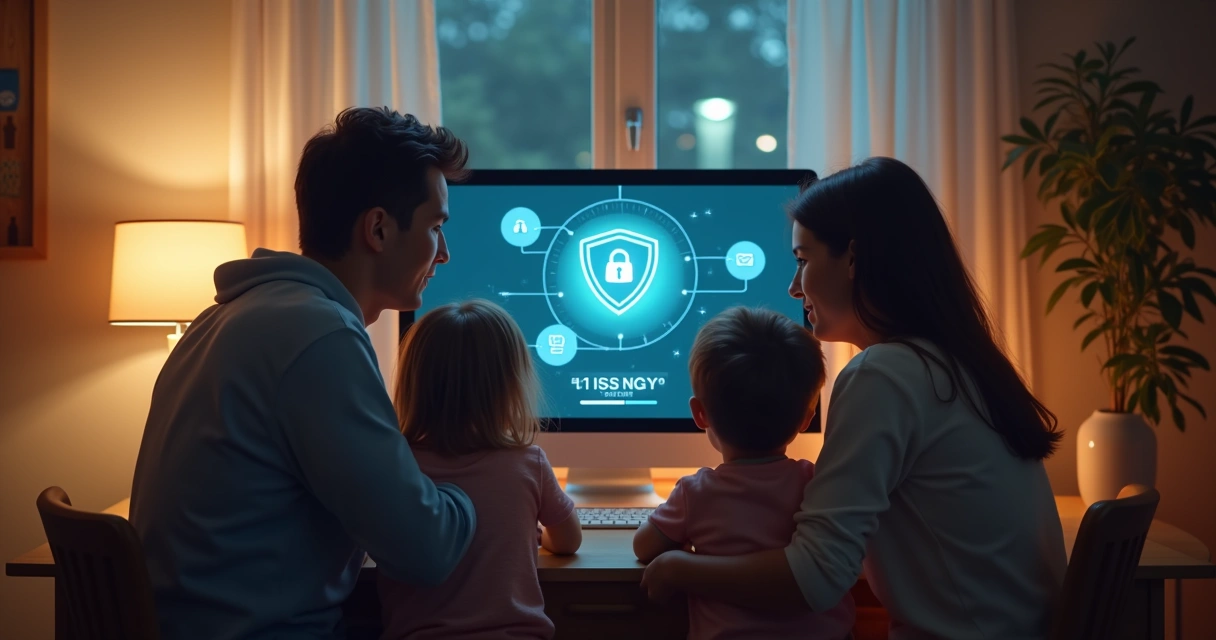 Pais e filhos navegando em computador com proteção digital 