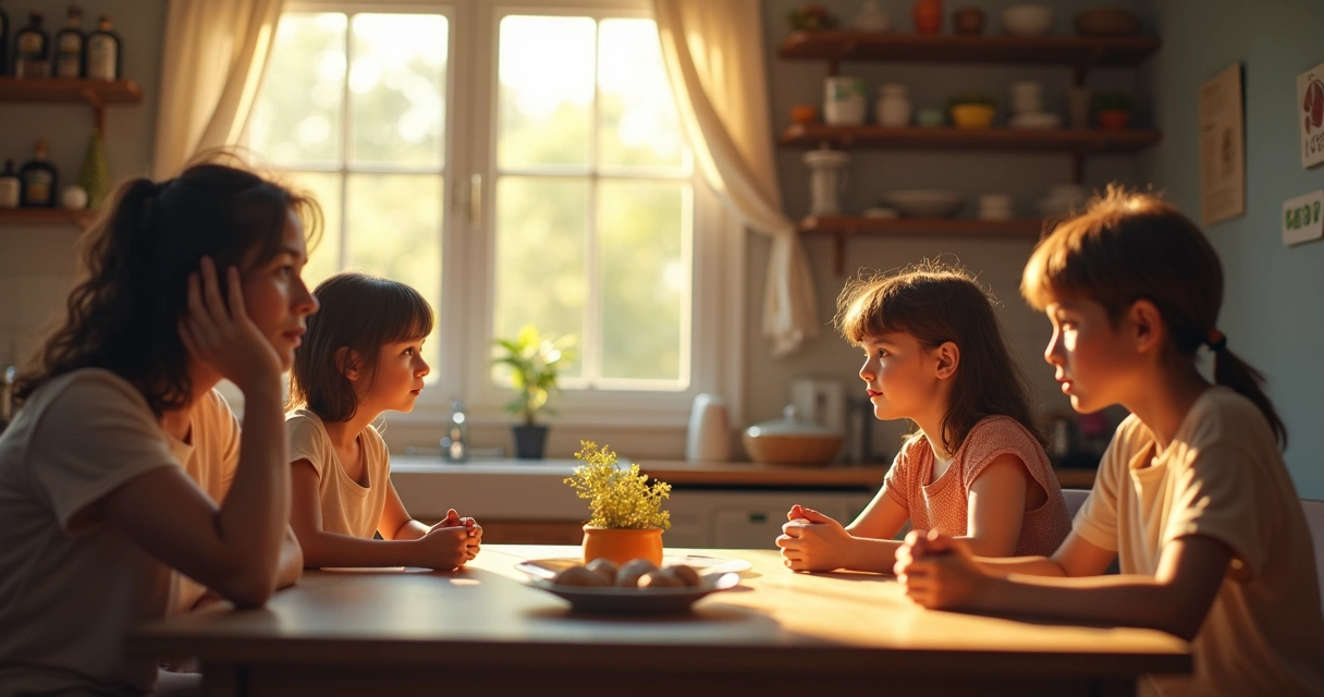 Família sentada à mesa olhando uns para os outros em silêncio refletivo
