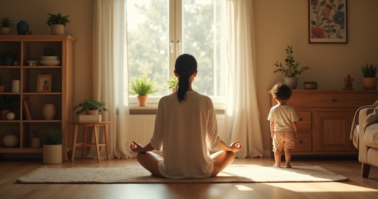 Niño pequeño entrando en la habitación donde un adulto medita en casa 